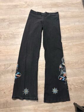Sol y Luna  Black Wide-Leg Embroidered Leggings with Colorful Motifs